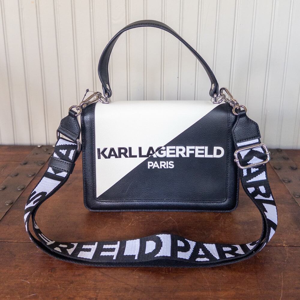 Karl Lagerfeld Paris Simone Flap Crossbody, Black White Colorblock Leather Bag